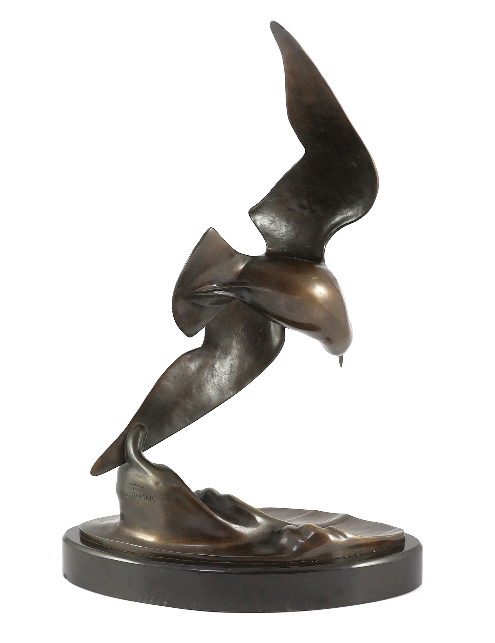 J.B. Leonard. An Art Deco bronze model of a seagull, 45cm wide, 23cm deep, 65cm high